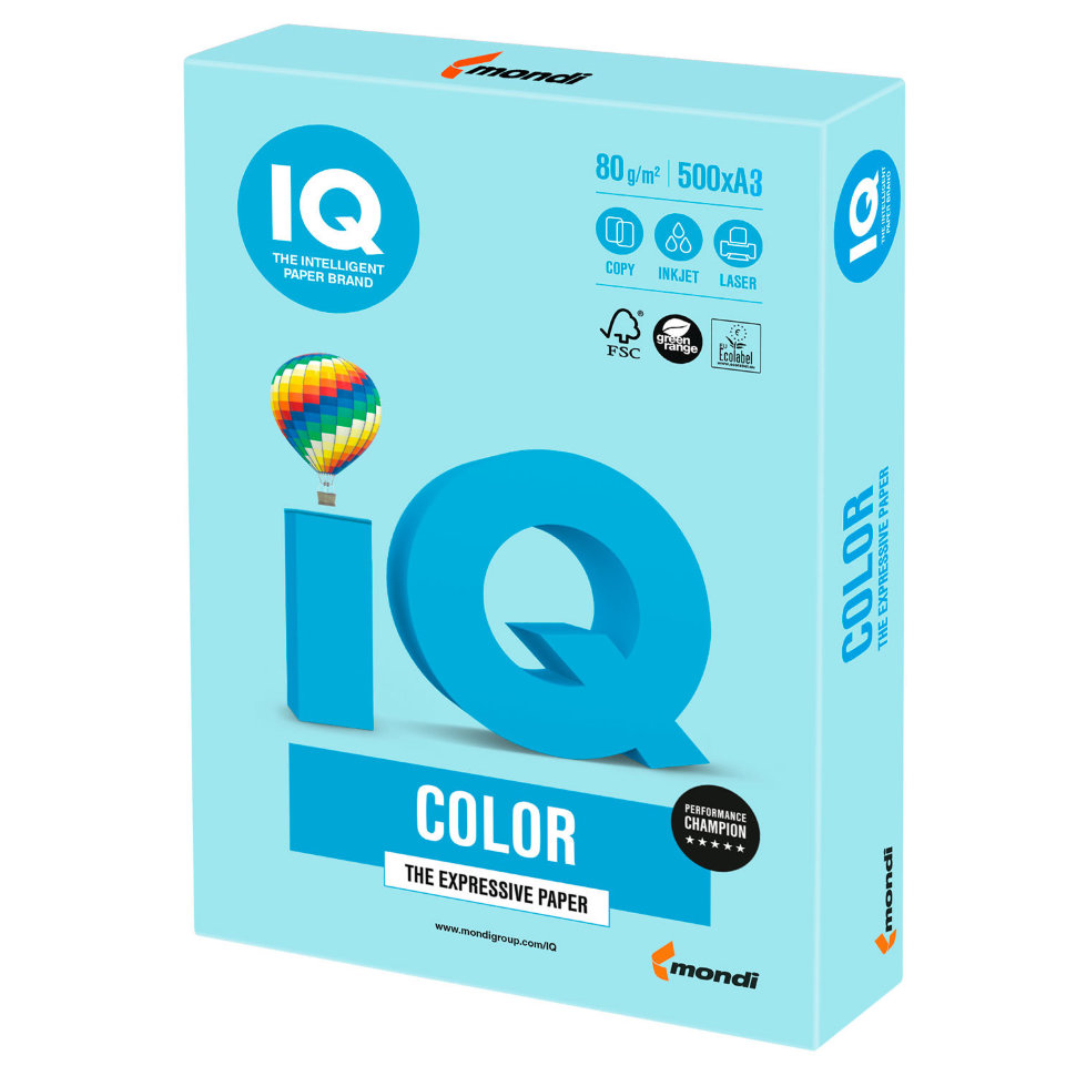 Бумага цветная для принтера IQ Сolor А3, 80 г/м2, 500 листов, голубая, MB30